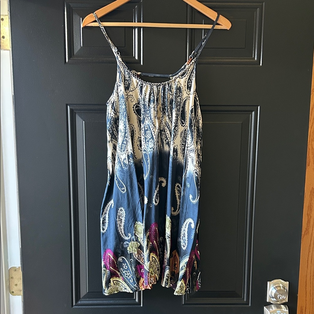 En Creme Navy Cream Paisley Mini Dress with Pink and Gold Accents, size Medium